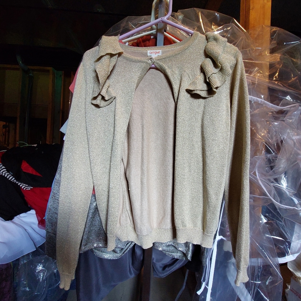 Gold Cardigan w/ Frills And Crystal Buttons